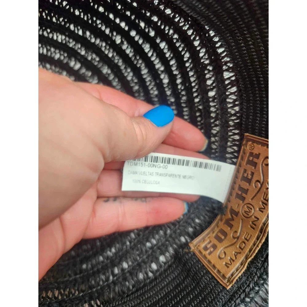 Som-Her Black Wide Brim Straw Sun Hat Coral Pink Ribbon Made in Mexico